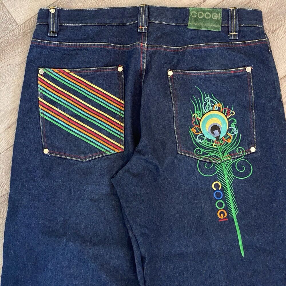 VTG Y2K Coogi Jeans Size 43 x 33 Peacock Feather Blue Denim Baggy Skater